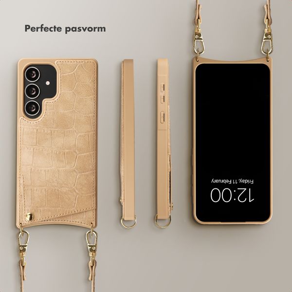 Selencia Nova Croco Telefoonhoes met Koord en Pashouder Samsung Galaxy S25 Ultra - Toasted Almond