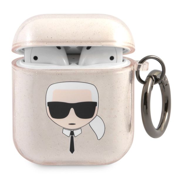 Karl Lagerfeld Karl's Head Silicone Glitter Case Apple AirPods 1 / 2 - Goud