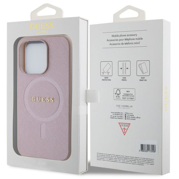 Guess Saffiano Backcover MagSafe Apple iPhone 15 Pro - Roze