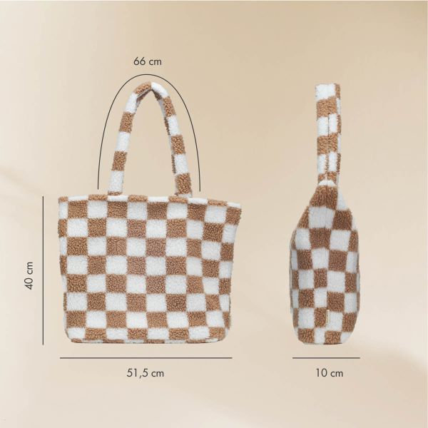 Selencia Zaya Tote Bag - Teddy Laptoptas 16 inch - Checkered Beige