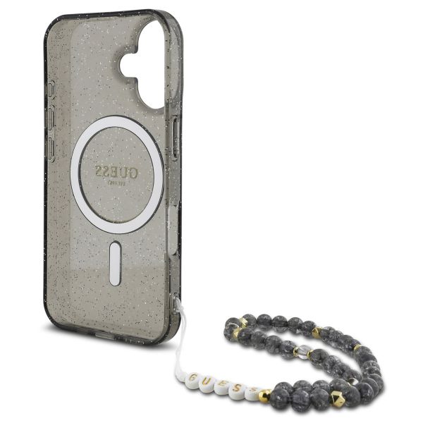 Guess MagSafe IML Glitter Case met beads strap Apple iPhone 16 - Zwart