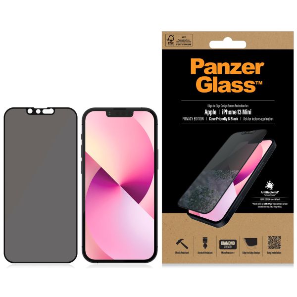 PanzerGlass Case Friendly Privacy Anti-Bacterial Screenprotector iPhone 13 Mini - Zwart