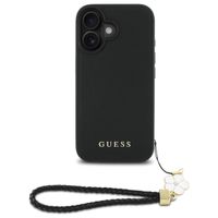 Guess Grained Backcover MagSafe met Flower Charm Strap Apple iPhone 16 - Zwart