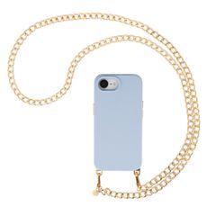 Selencia Rivièra MagSafe Backcover met afneembare haakjes voor de Apple iPhone 17e / 16e - Powder Blue + Bold Chain (130 cm) - Gold