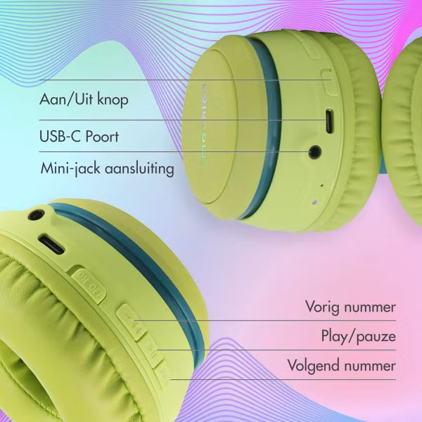imoshion Draadloze Kinderkoptelefoon LED Light - Decibelbegrenzer - Met AUX kabel - Petrol Green / Lime