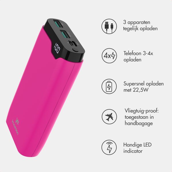 imoshion Powerbank 20.000 mAh - 22,5W Snellader - USB-C / USB-A - Hot Pink