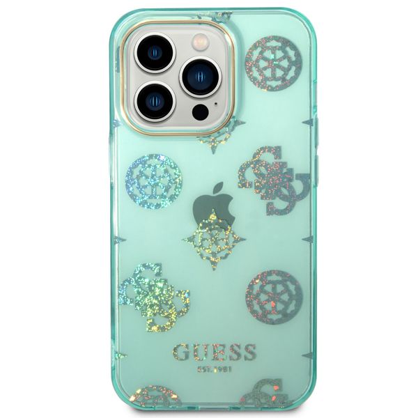 Guess Peony Glitter Backcover iPhone 14 Pro - Turquoise