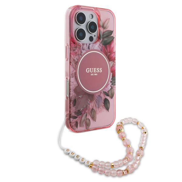 Guess MagSafe IML Flowers Case met beads strap Apple iPhone 16 Pro Max - Pink