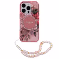 Guess MagSafe IML Flowers Case met beads strap Apple iPhone 15 Pro Max - Pink