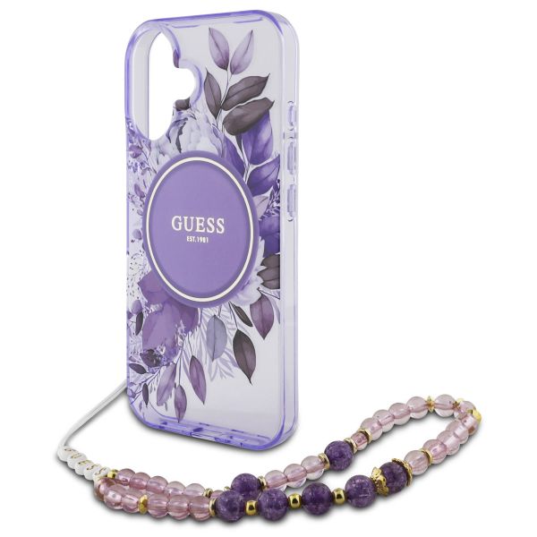 Guess MagSafe IML Flowers Case met beads strap Apple iPhone 16 - Purple