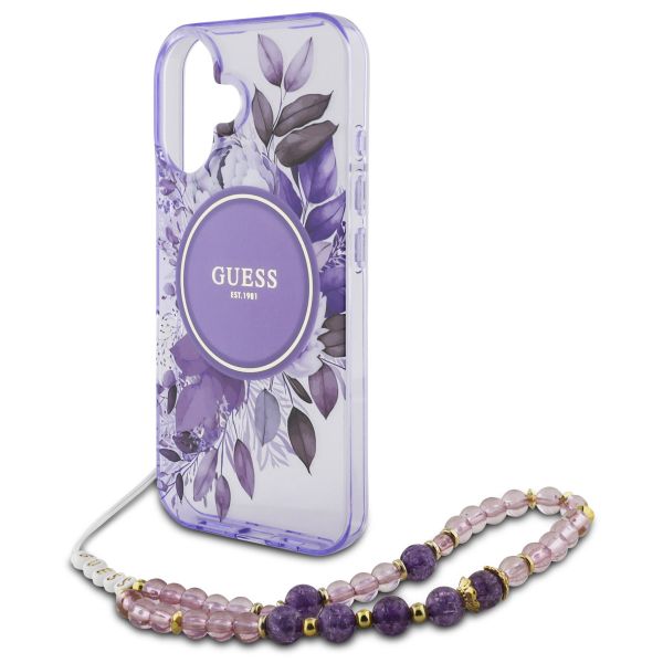 Guess MagSafe IML Flowers Case met beads strap iPhone 16 - Purple