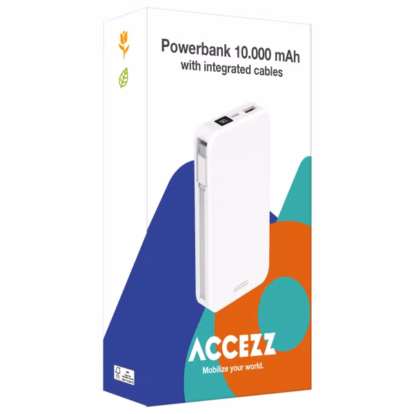 Accezz Powerbank 10.000 mAh met geïntegreerde kabels - Quick Charge en Power Delivery - Wit