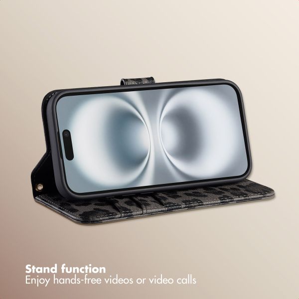 Selencia Sabi Bookcase with Leopard Print Apple iPhone 16 - Midnight Black