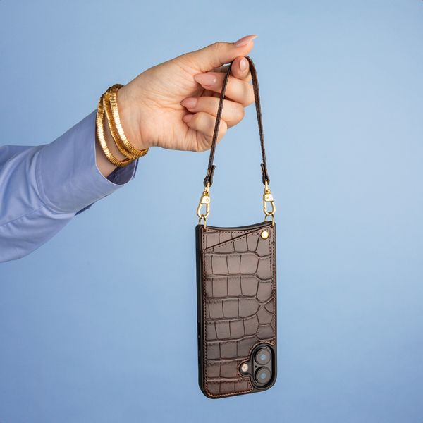 Selencia Nova Croco Telefoonhoes met Koord en Pashouder Apple iPhone 17 Pro - Choco Brown
