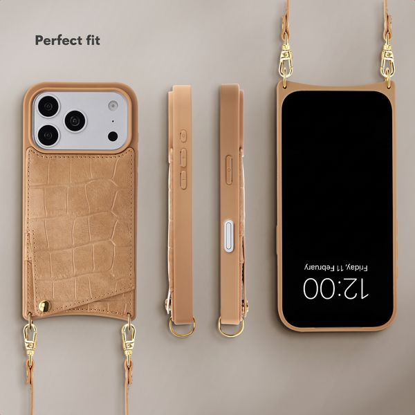 Selencia Nova Croco Phone Case with Cord and Card Holder Apple iPhone 18 Pro / 17 Pro - Toasted Almond