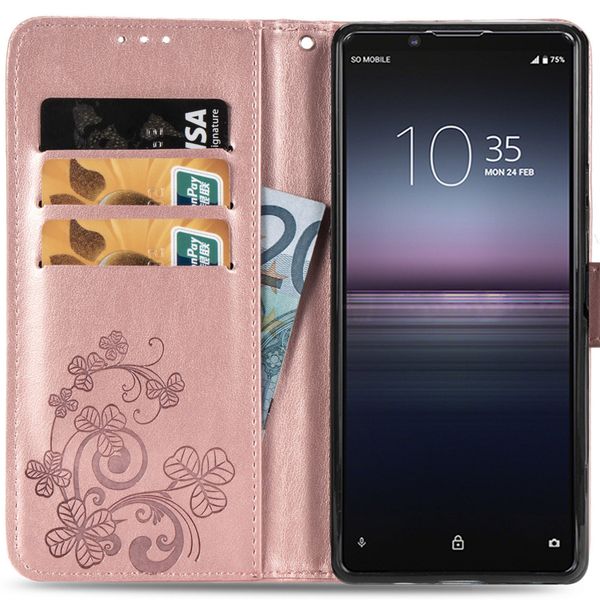 Klavertje Bloemen Bookcase Sony Xperia 1 II - Rosé Goud