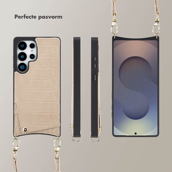 Selencia Nova Croco Telefoonhoes met Koord en Pashouder Samsung Galaxy S25 Ultra - Beige