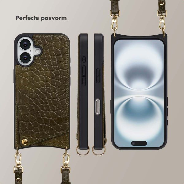 Selencia Nova Croco Telefoonhoes met Koord en Pashouder Apple iPhone 16 - Dark Olive