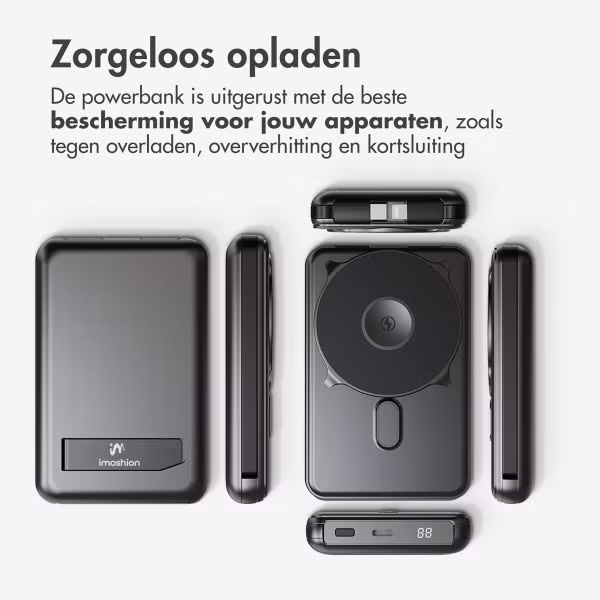 imoshion MagSafe Powerbank met standaard + Accezz Ultra Slim GaN Oplader + Accezz USB-C naar USB-C kabel - 1 meter - Zwart