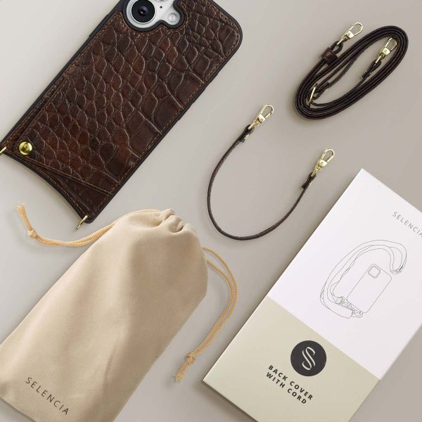 Selencia Nova Croco Phone Case with Cord and Card Holder Apple iPhone 16 - Choco Brown