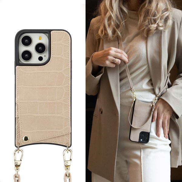 Selencia Nova Croco Backcover met koord en pashouder iPhone 14 Pro - Beige