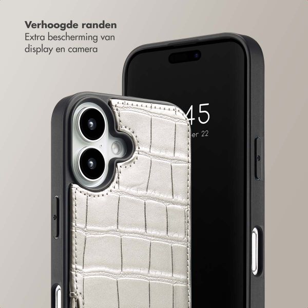 Selencia Nova Croco Backcover met koord en pashouder iPhone 16 - Silver