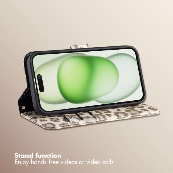 Selencia Sabi Bookcase with Leopard Print Apple iPhone 15 - Soft Ivory