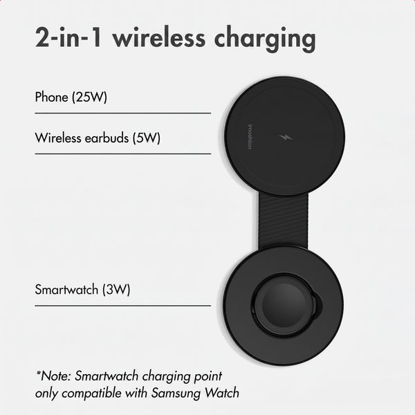 imoshion 2-in-1 Wireless Travel Charger 25W - Smartphone / Earbuds / Samsung Watch - Qi2.2 - Black