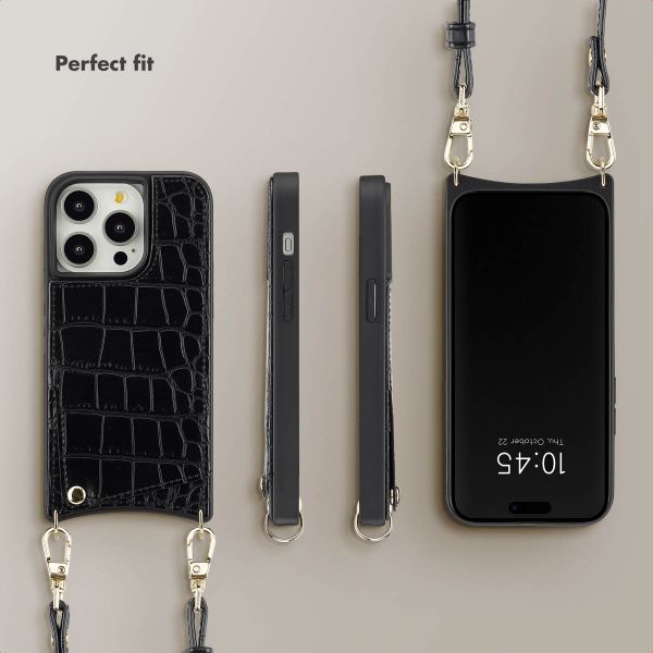 Selencia Nova Croco Phone Case with Cord and Card Holder Apple iPhone 14 Pro - Black