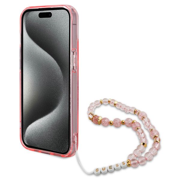 Guess MagSafe IML Flowers Case met beads strap iPhone 15 - Pink