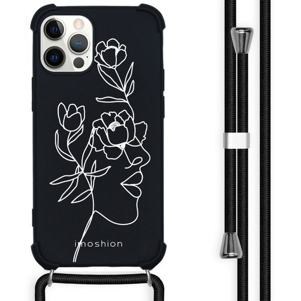 imoshion Design hoesje met koord iPhone 12 (Pro) - Abstract Gezicht Bloem - Zwart