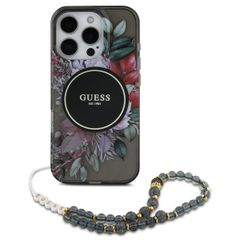 Guess MagSafe IML Flowers Case met beads strap Apple iPhone 16 Pro - Zwart