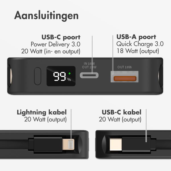 Accezz Powerbank 10.000 mAh met geïntegreerde kabels - Quick Charge en Power Delivery - Zwart