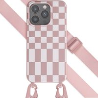 Selencia Siliconen design hoesje met afneembaar koord iPhone 15 Pro - Irregular Check Sand Pink