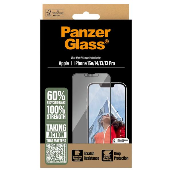 PanzerGlass Ultra-Wide Fit Anti-Bacterial Screenprotector incl. applicator iPhone 13 / 13 Pro / 14 / 16e