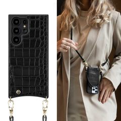 Selencia Nova Croco Telefoonhoes met Koord en Pashouder Samsung Galaxy S24 Ultra - Zwart