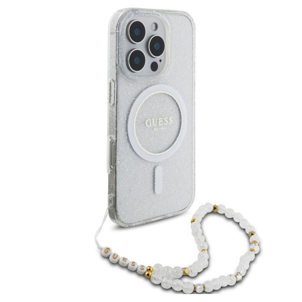 Guess MagSafe IML Glitter Case met beads strap Apple iPhone 16 Pro Max - Transparent