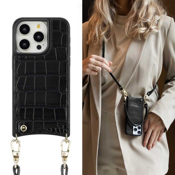 Selencia Nova Croco Telefoonhoes met Koord en Pashouder Apple iPhone 15 Pro - Zwart