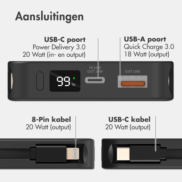Accezz Powerbank met Geïntegreerde Kabels 10.000 mAh - Quick Charge en Power Delivery - Oranje Leeuw - Zwart