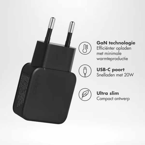 Accezz Ultra Slim GaN Oplader - USB-C - 20W - Zwart