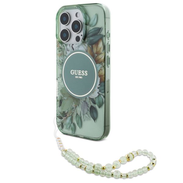 Guess MagSafe IML Flowers Case met beads strap iPhone 16 Pro Max - Green