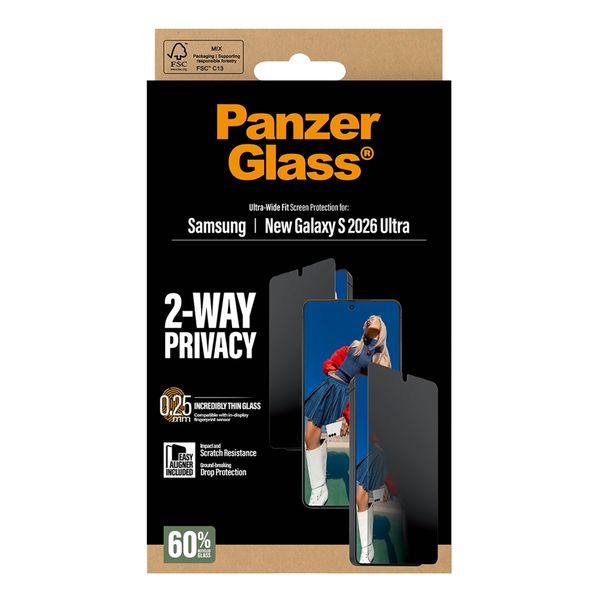 PanzerGlass Privacy Ultra-Wide Fit Anti-Bacterial Screenprotector incl. applicator Samsung Galaxy S26 Ultra
