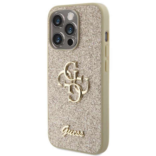 Guess 4G Metal Logo Glitter Backcover Apple iPhone 15 Pro - Goud