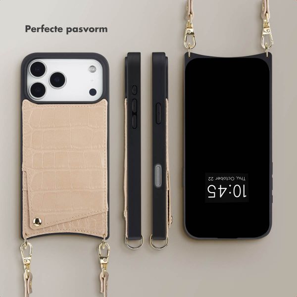 Selencia Nova Croco Telefoonhoes met Koord en Pashouder Apple iPhone 18 Pro Max / 17 Pro Max - Beige
