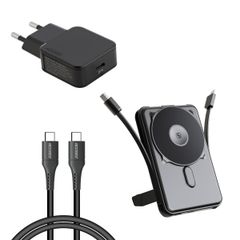 imoshion MagSafe Powerbank met standaard + Accezz Ultra Slim GaN Oplader + Accezz USB-C naar USB-C kabel - 1 meter - Zwart