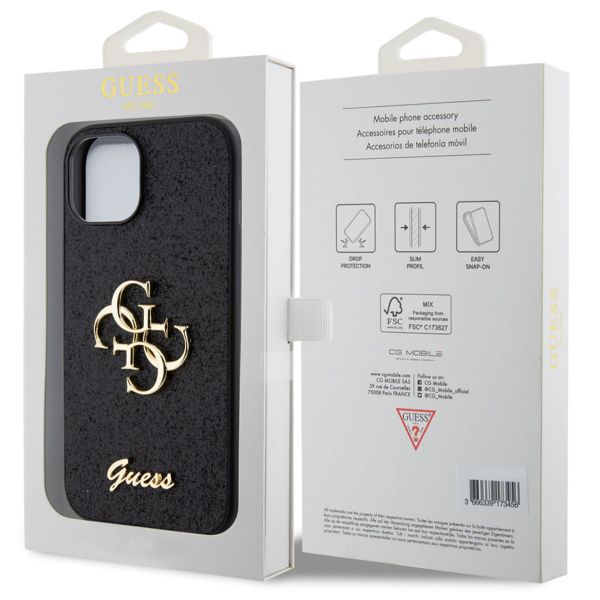 Guess 4G Metal Logo Glitter Backcover Apple iPhone 15 - Zwart