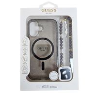 Guess MagSafe IML Glitter Case met beads strap Apple iPhone 16 - Zwart