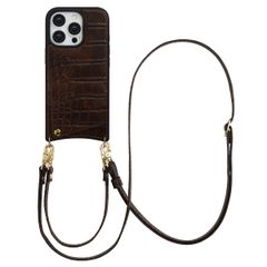 Selencia Nova Croco Telefoonhoes met Koord en Pashouder Apple iPhone 16 Pro - Choco Brown