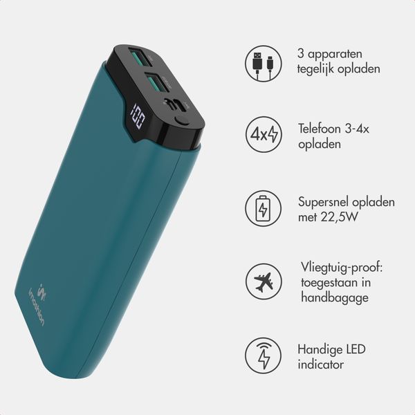 imoshion Powerbank 20.000 mAh - 22,5W Snellader - USB-C / USB-A - Petrol Green