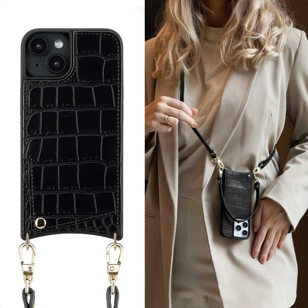 Selencia Nova Croco Telefoonhoes met Koord en Pashouder Apple iPhone 14 / 13 - Zwart